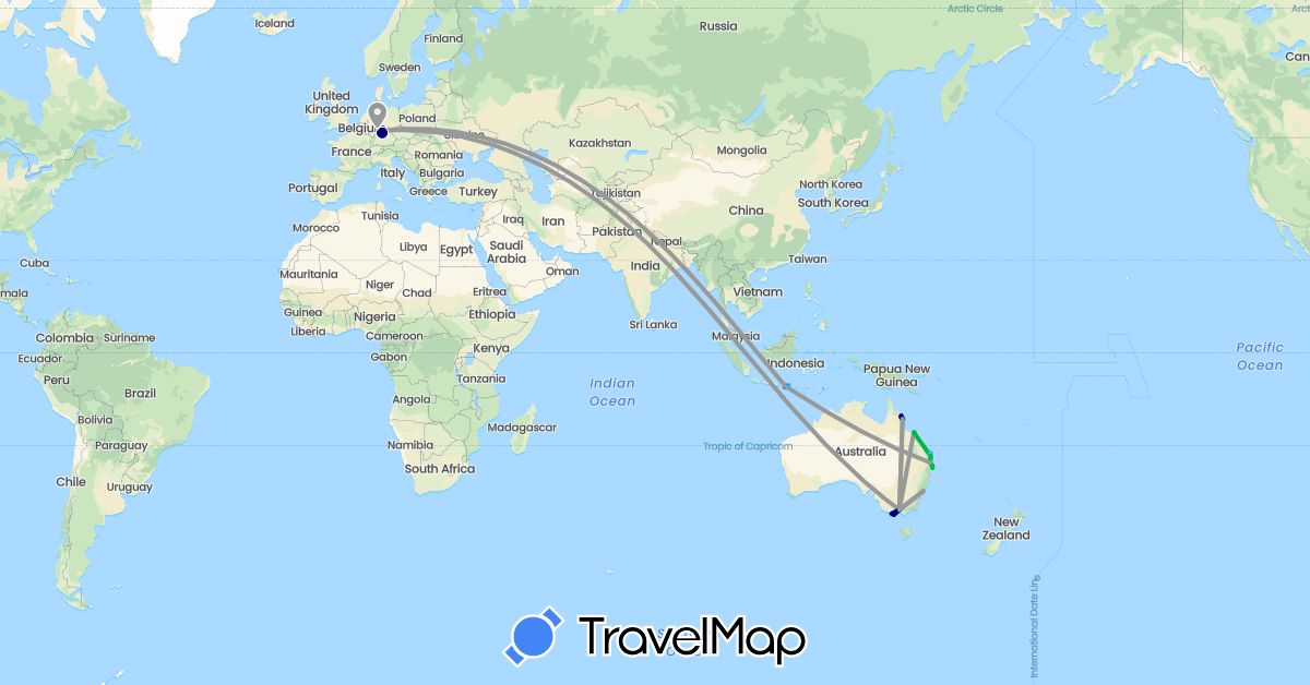 TravelMap itinerary: driving, bus, plane, cycling, boat, motorbike in Australia, Germany, Indonesia (Asia, Europe, Oceania)